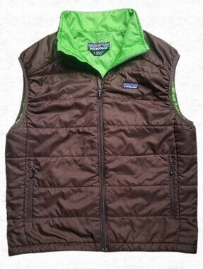 Patagonia Mens XL Micro Puff Vest AOL Puffer Brown Lime Green Y2K Tech-Bro